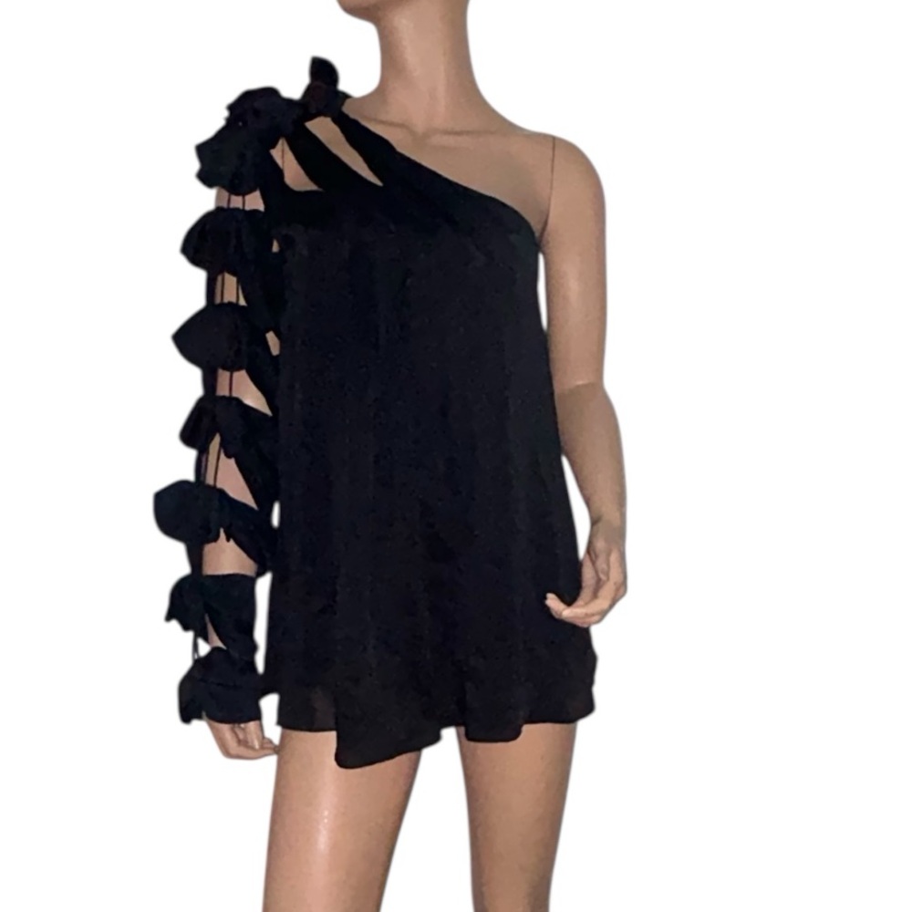 One-Shoulder Black top blouse  with Bow Details